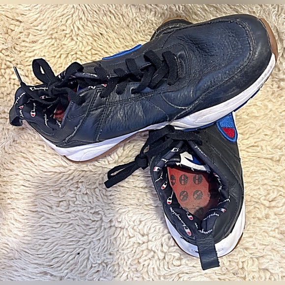Champion Soft Leather Black Sneakers with Blue & Red Logo Accents - Picture 5 of 7